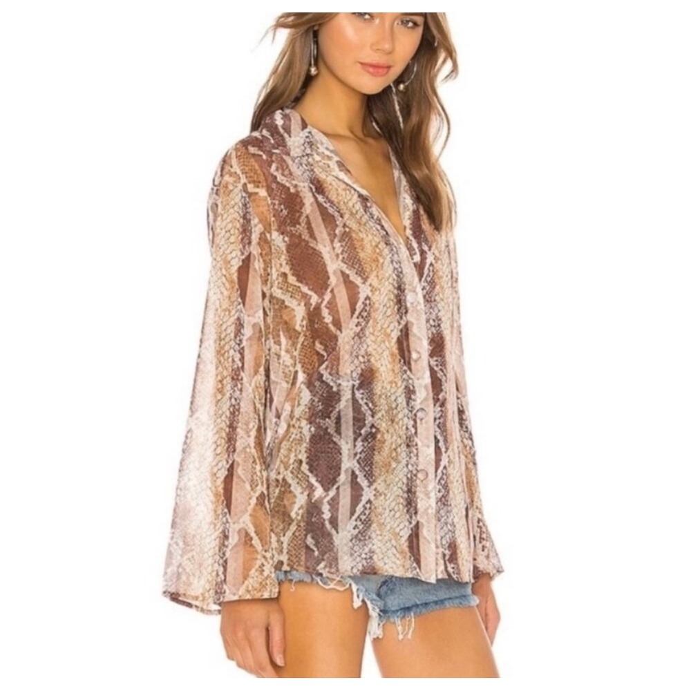 House of Harlow 1960‎ x REVOLVE Snake Print Sheer Long Sleeve Button Up Shirt S